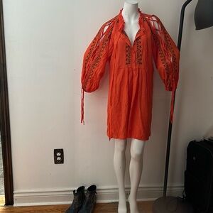 NWT orange embroidered summer tunic dress high low crinkle crepe